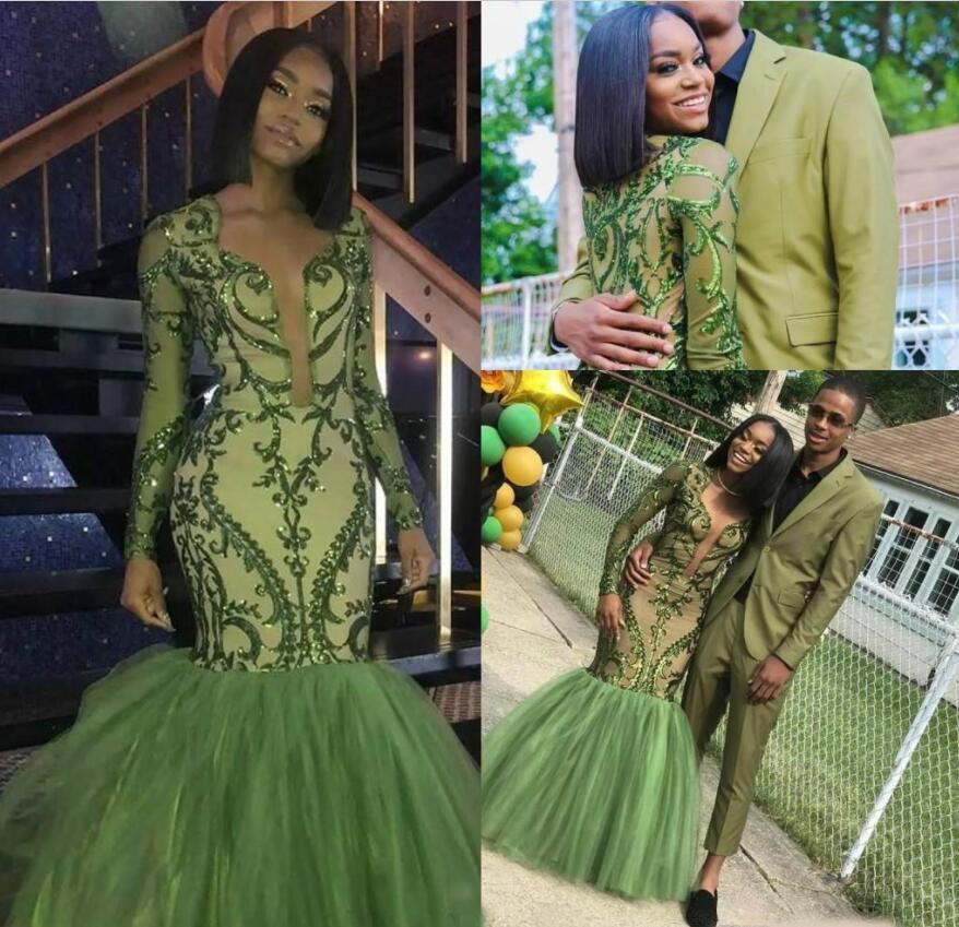 Elegant Green Arabic African Mermaid crew evening Dresses Long 2019 Black Girls Long Sleeves Prom Gowns vestido de novia Abendkleider