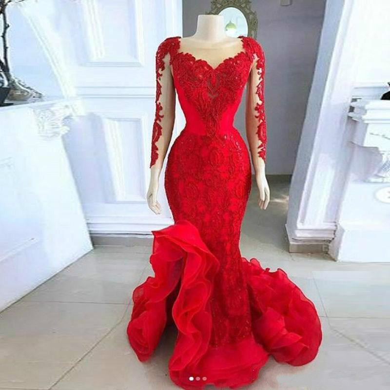 2020 Red Mermaid Prom Dresses Sheer Neck Lace Appliques Beaded Low Split Long Sleeves Ruffle Plus Size Custom Party Evening Gowns