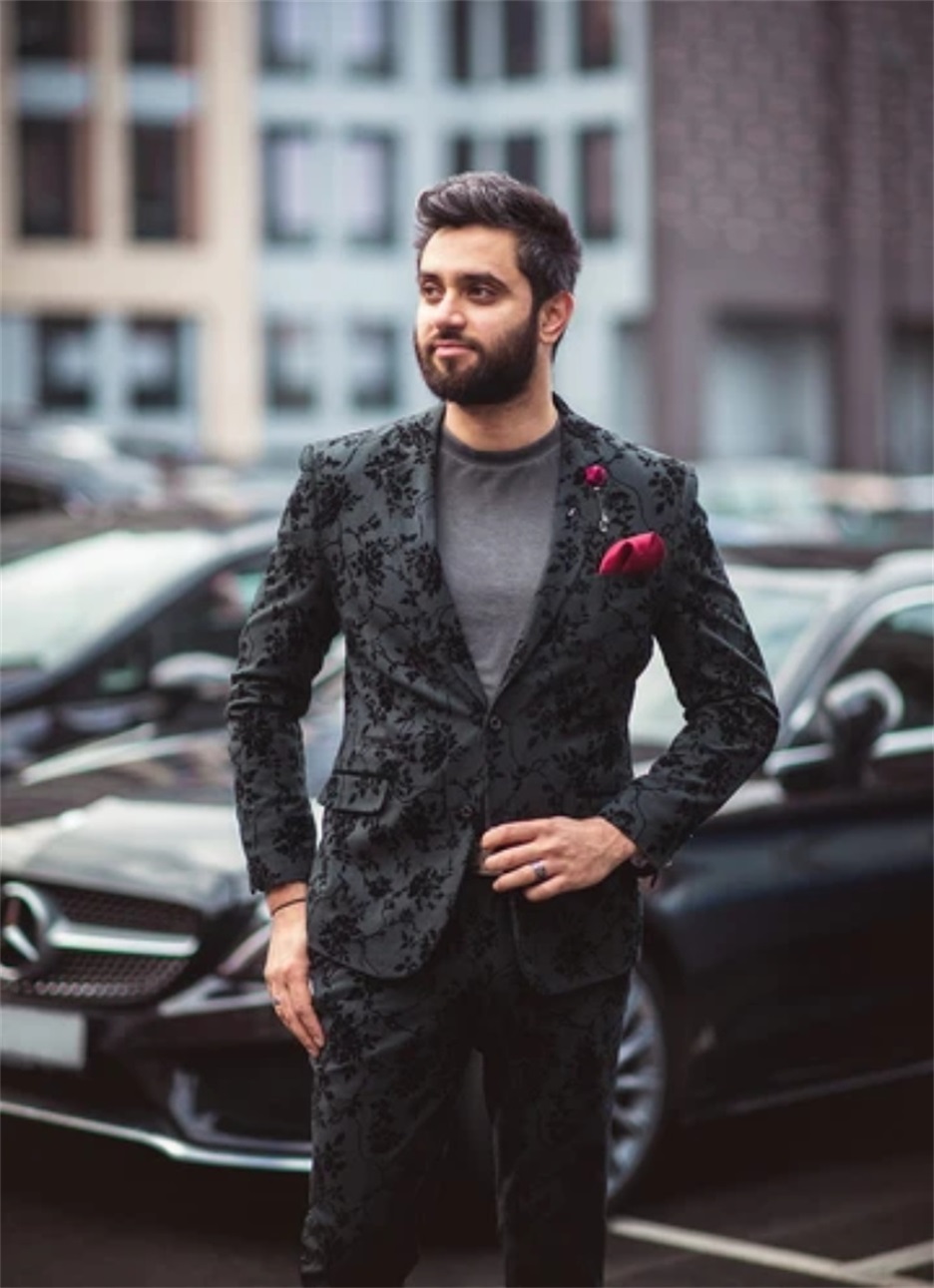 Black Wedding Tuxedos High Quality Flower Pattern Two Button Mens Groom Suits Notached Lapel Slim Fit Prom Party Blazer Jacket 2 Pieces