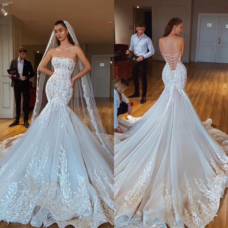 2020 Beautiful Mermaid Strapless Wedding Dresses Backless Illusion Corset Lace Up Bridal Gown With Chapel Train Vestido de noiva, White
2020 Beautiful Mermaid Strapless Wedding Dresses Backless Illusion Corset Lace Up Bridal Gown With Chapel Train Vestido de noiva, White
