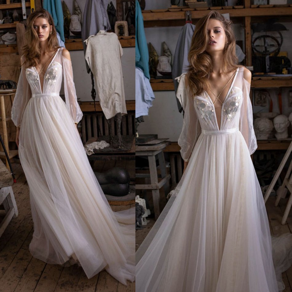 2020 A Line Wedding Dresses Deep V Neck Sequins Tulle Wedding Gowns Sweep Train Long SleeveBridal Gowns Vestidos De Novia