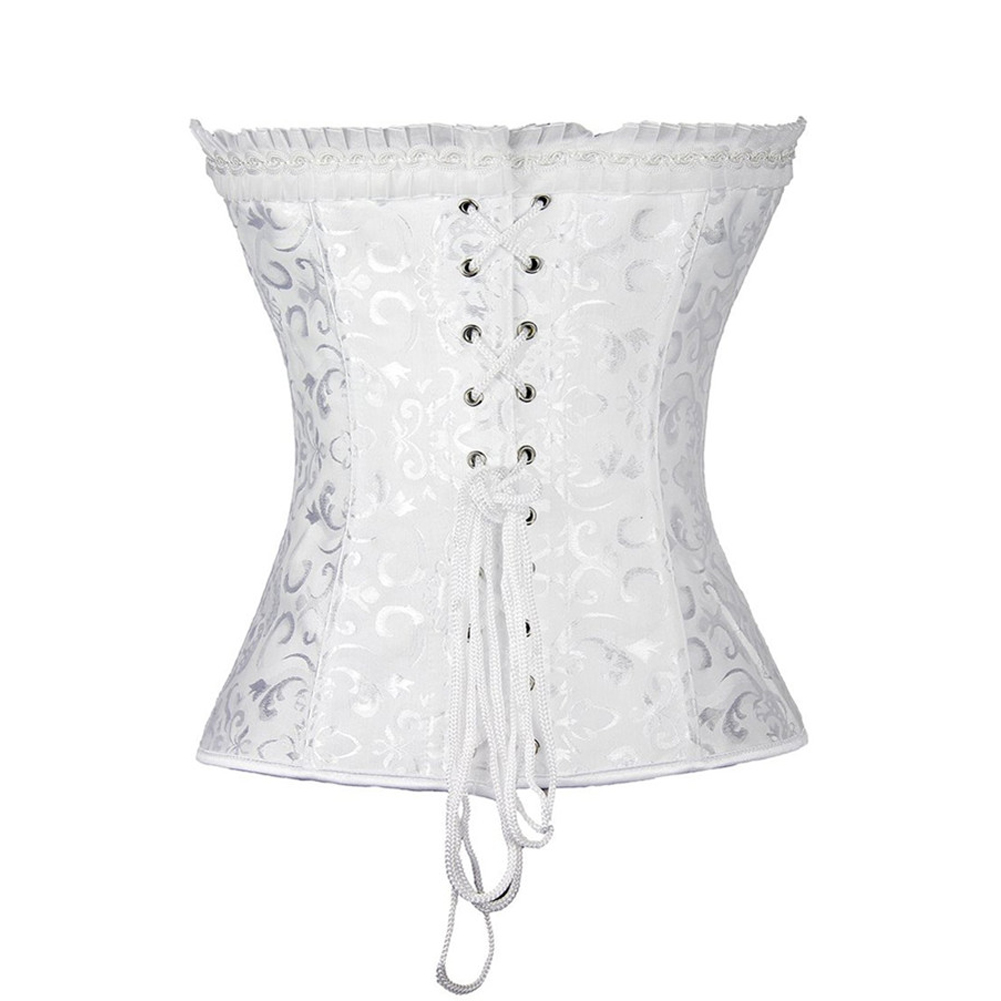 Women Bridal Jacquard Steel Bone Overbust Corset Lingerie Top Body Shaper Strong Lace Up Corselet with Pleated Ruffle Trim Plus Size S-6XL