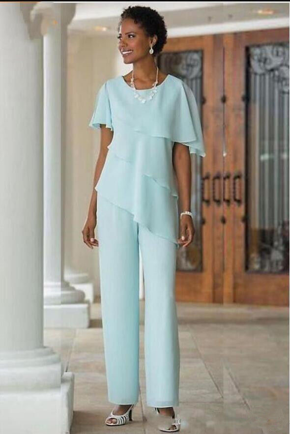 2019 Elegant Mother of the Bride Dresses Pants Suits Chiffon 2 Pieces Tiered Ruffles Short Sleeves Mothers Outfits Trousers