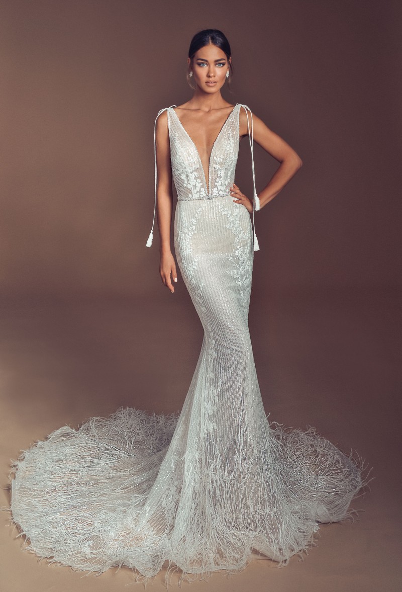 elihav sasson beading wedding dresses deep v neck luxury feather lace wedding dress bridal gowns backless beach country wedding dress