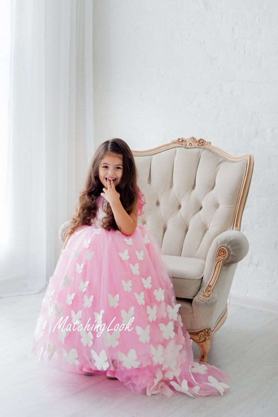 Butterfly Tutu Flower Girl Dresses Sweep Train Jewel Neck Backless Girls Princess Dress Custom Made Cute Christmas Gowns With Petticoat