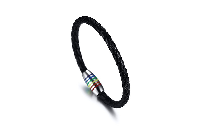 Black Pride Genuine Leather Bangles Rainbow Gay Lesbian Bracelet Stainless Steel Jewelry With Magnetic Clasp PB-014B