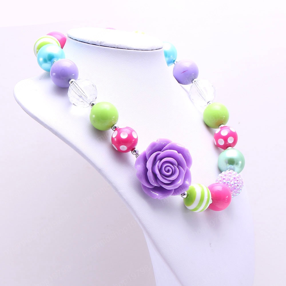 Kids Chunky Beads Necklace Cute Purple Big Flower Girls Chunky Bubblegum Necklace For Party Gift Jewelry Handmade