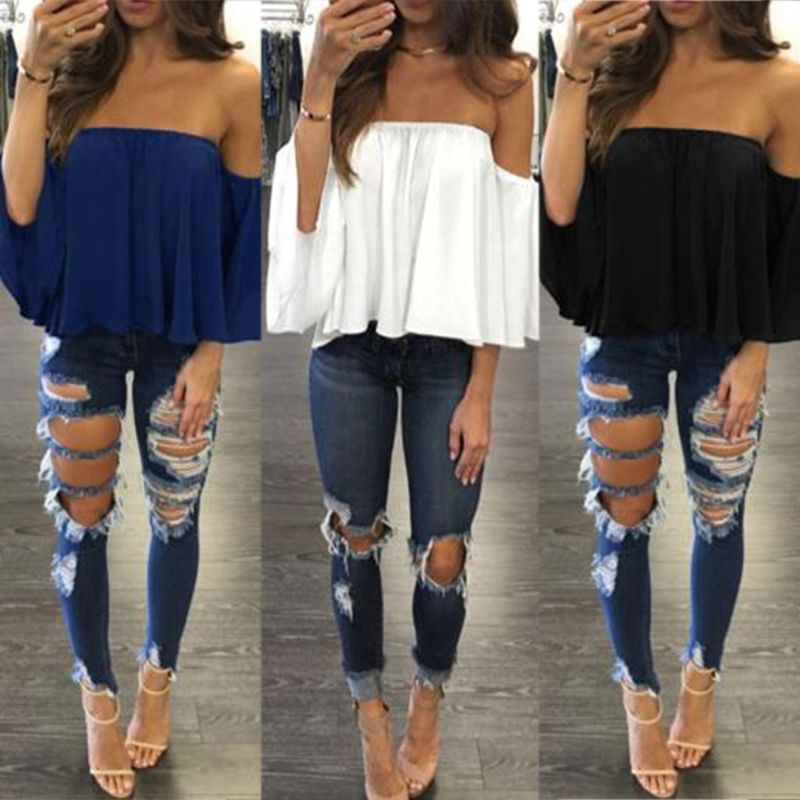 Women Off Shoulder Top Long Sleeve Pullover Casual Hals Langarm Chiffon Schulter Blouse Fashion New B3