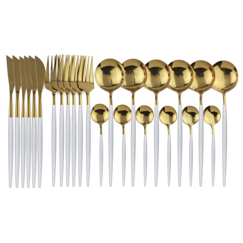 24Pcs/set White Gold Flatware Set Stainless Steel Cutlery Knife Fork Spoon Dinnerware Set Tableware Cutleries Western Silverware
24Pcs/set White Gold Flatware Set Stainless Steel Cutlery Knife Fork Spoon Dinnerware Set Tableware Cutleries Western Silverware