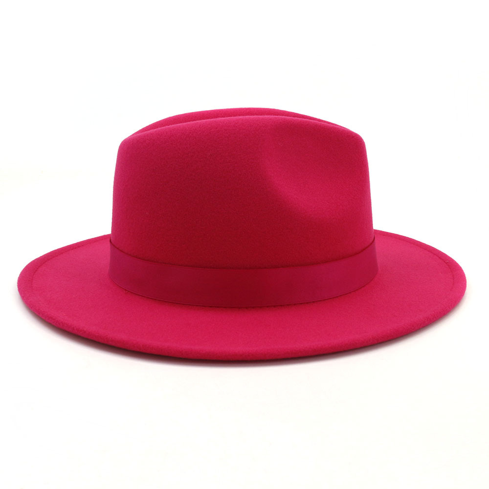 Fashion-Rosy Wool Felt Jazz Fedora Hat with Ribbon Wide Brim Panama Formal Hat Trilby Ladies Fascinator Dress Hats