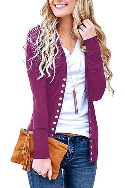 Women's Snap Button Cardigan Ladies Autumn Long Sleeve Black Elegant Open Slim Sweater Knit Coat