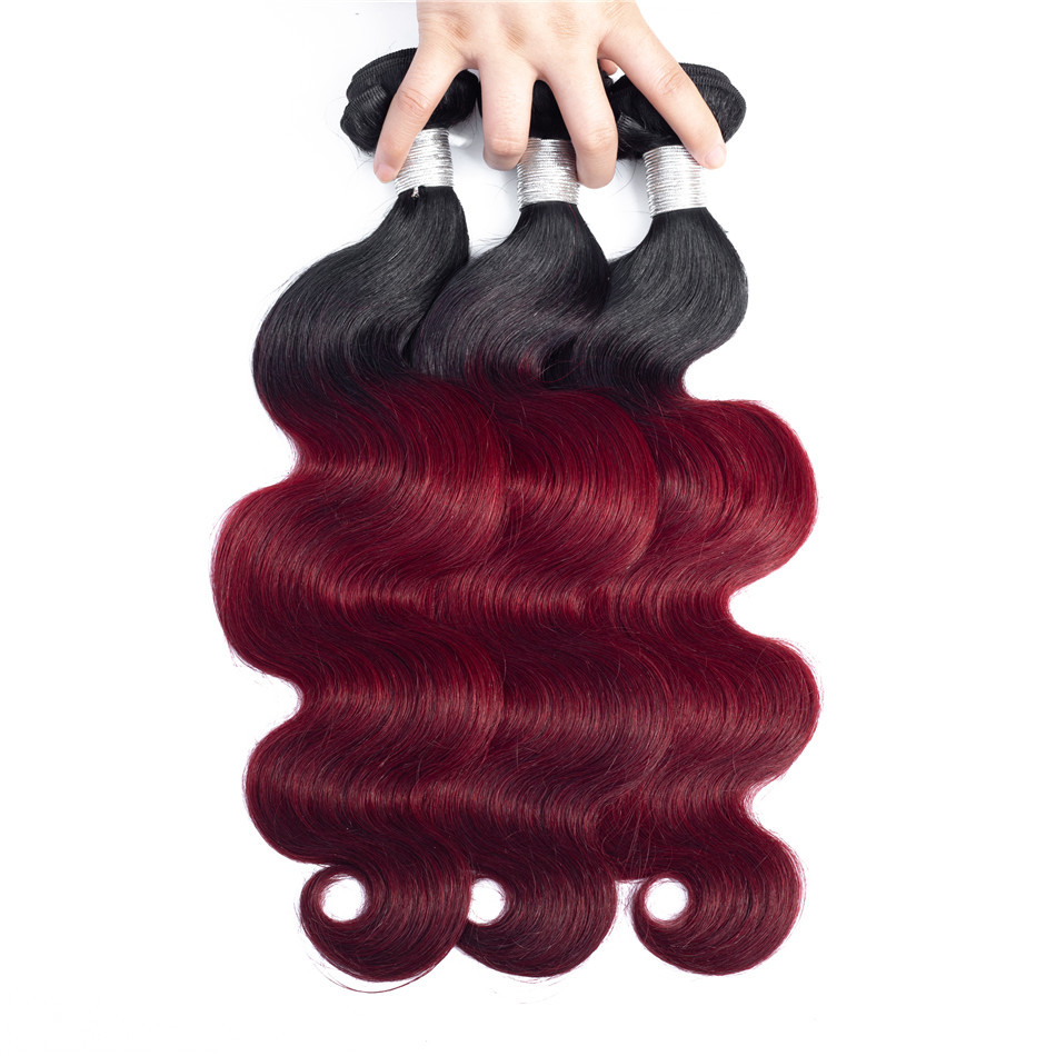 Free shipping Brazilian 1b/99J Body Wave with Lace Closure Human Weaves Ombre Color Hair Extensions