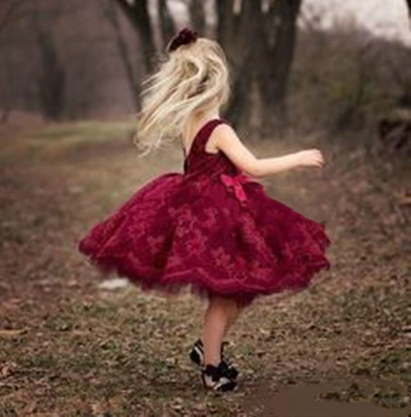 dark red flower girl dresses for weddings lace knee length puffy pageant gowns girls birthday dress