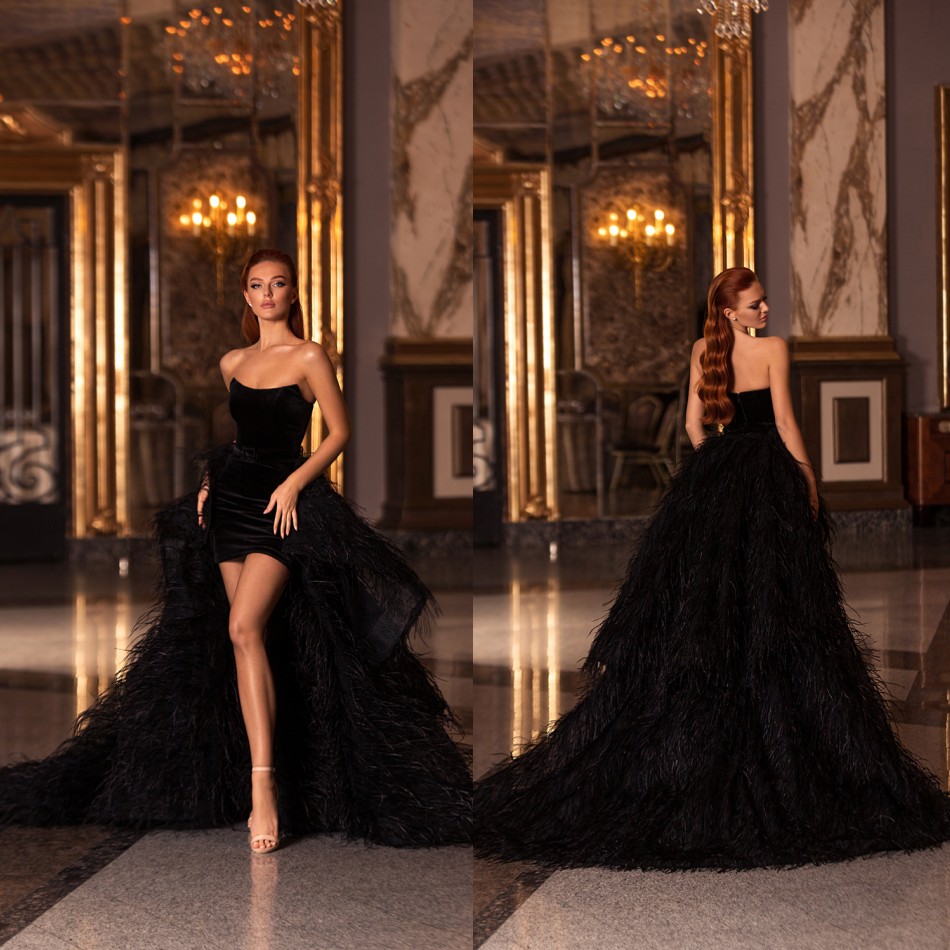 Black Prom Dresses With Detachable Train A Line Luxury Feather Velvet Evening Dress Cocktail Party Gowns Vestidos De Novia