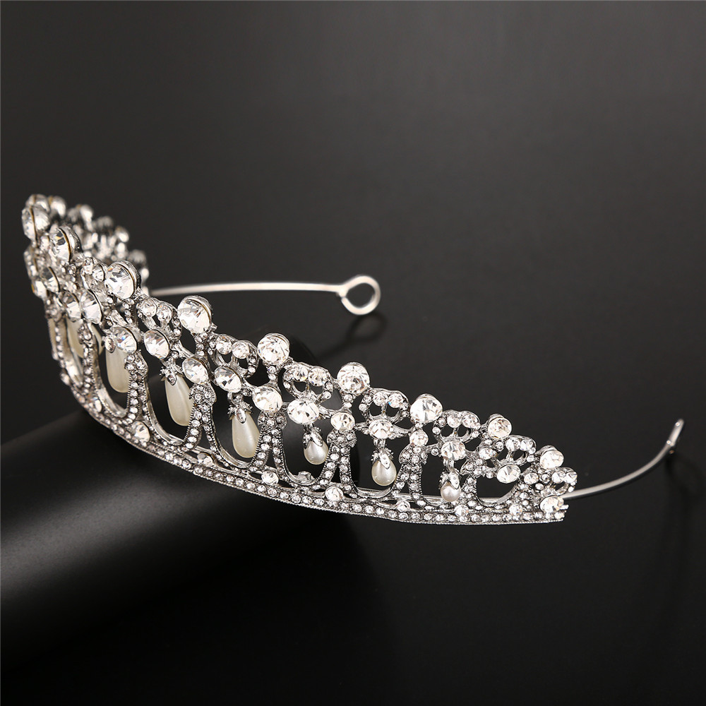 Vintage Silver Queen Princess Diana Crown Crystal Pearl Diadem For Bridal Hair Accessories Bride Tiara Headbands