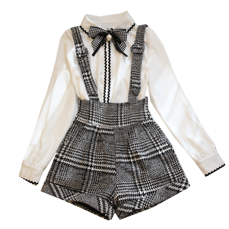 Sweet Bow Pearl Chiffon White Blouse Shirt+Plaid Wool Suspender Short Set 2 Piece Outfits For Women Summer Top Wide Leg Pant Set CX200702