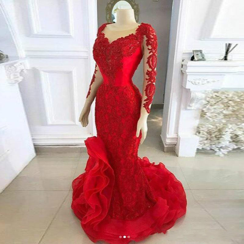 2020 Red Mermaid Prom Dresses Sheer Neck Lace Appliques Beaded Low Split Long Sleeves Ruffle Plus Size Custom Party Evening Gowns