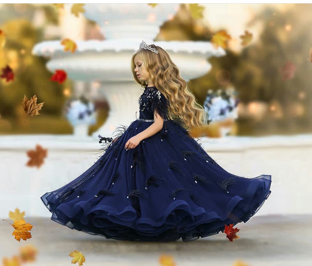 Dark Navy Flower Girls Dresses For Weddings Short Sleeve Feather Lace Appliqued Kids Formal Wear A Line Pageant Gown vestidos de primera