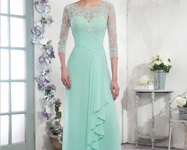 Chiffon A-line Mother of the Bride Dresses Scoop Zipper with Buttons Back Floor Length Pleats Elegant Evening Formal Dresses