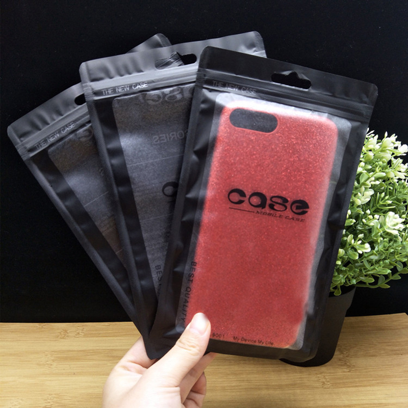 100pcs Mobile Phone Case Plastic Zipper Pouch with Hang Hole Black /MatteClear Reusable Zip Lock Phone Shell Event Packaging Bag