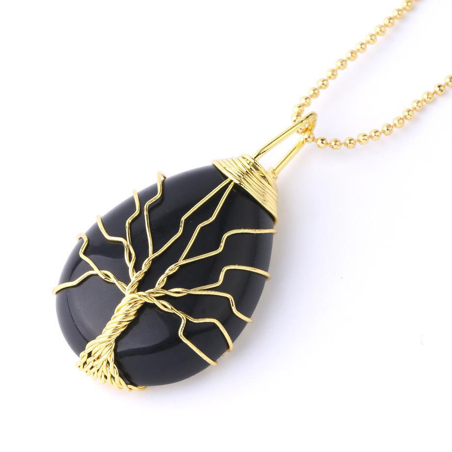 Natural Gemstone Crystal Pendant Necklaces for Men Women Rose Quartz Tiger Eye Opal Tree of Life Pendants with Gold Silver Chains