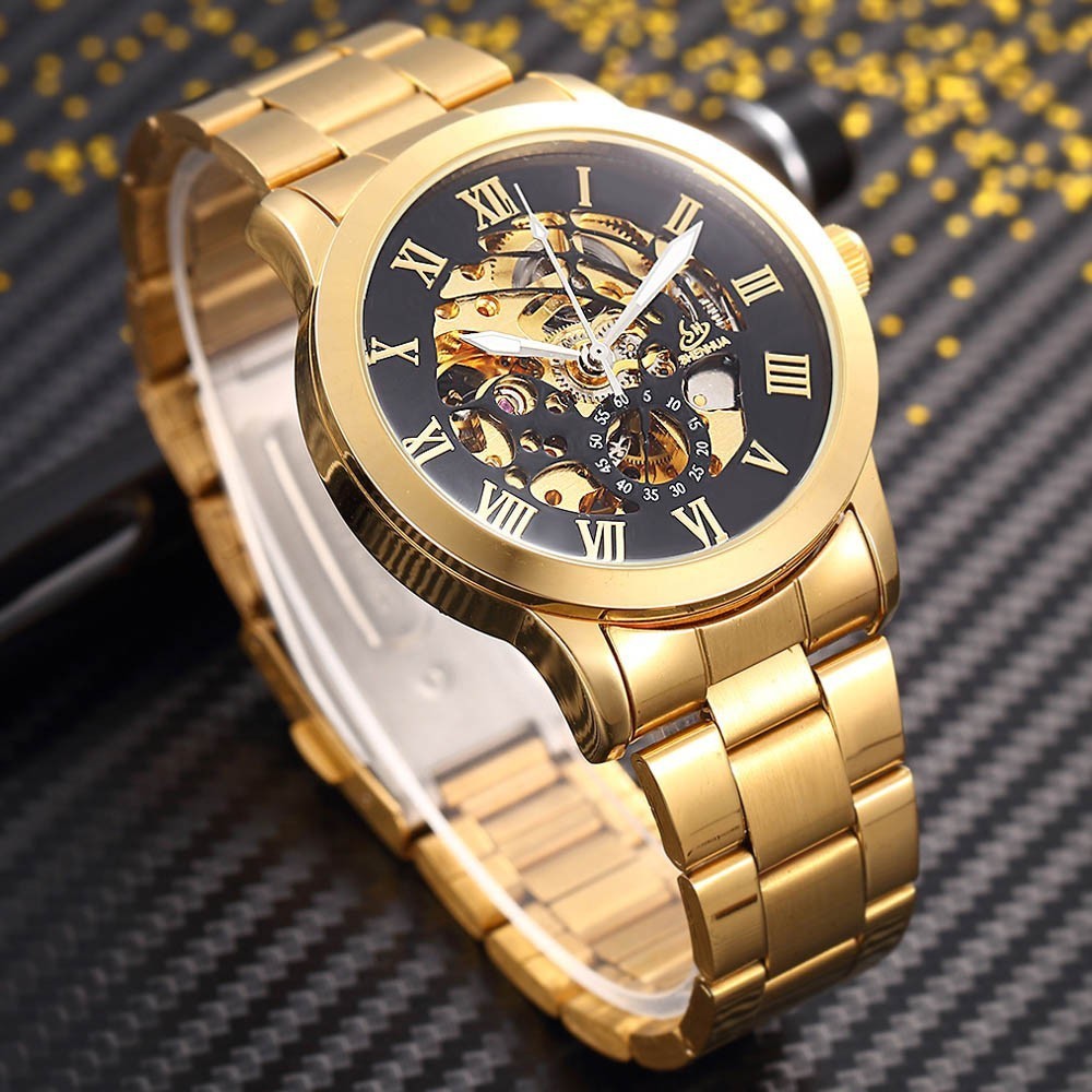 Shenhua Golden Skeleton Automatic Mechanical Watch Men Fashion Waterproof Shockproof Clock Mechanical Watch Men Men Watches Y19062004