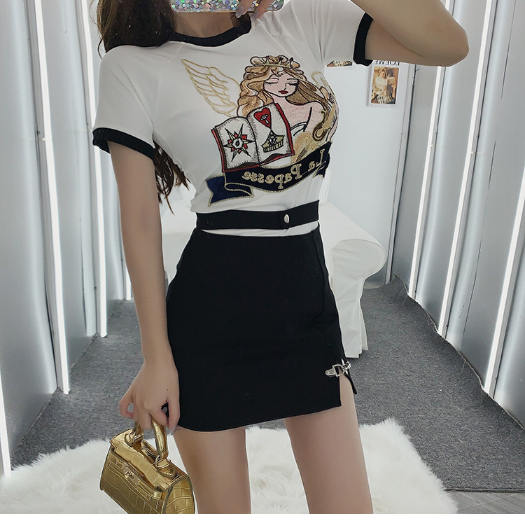 New fashion womens sexy bodycon tunic short sleeve color block cartoon embroidery cotton t-shirt plus size S M L XL