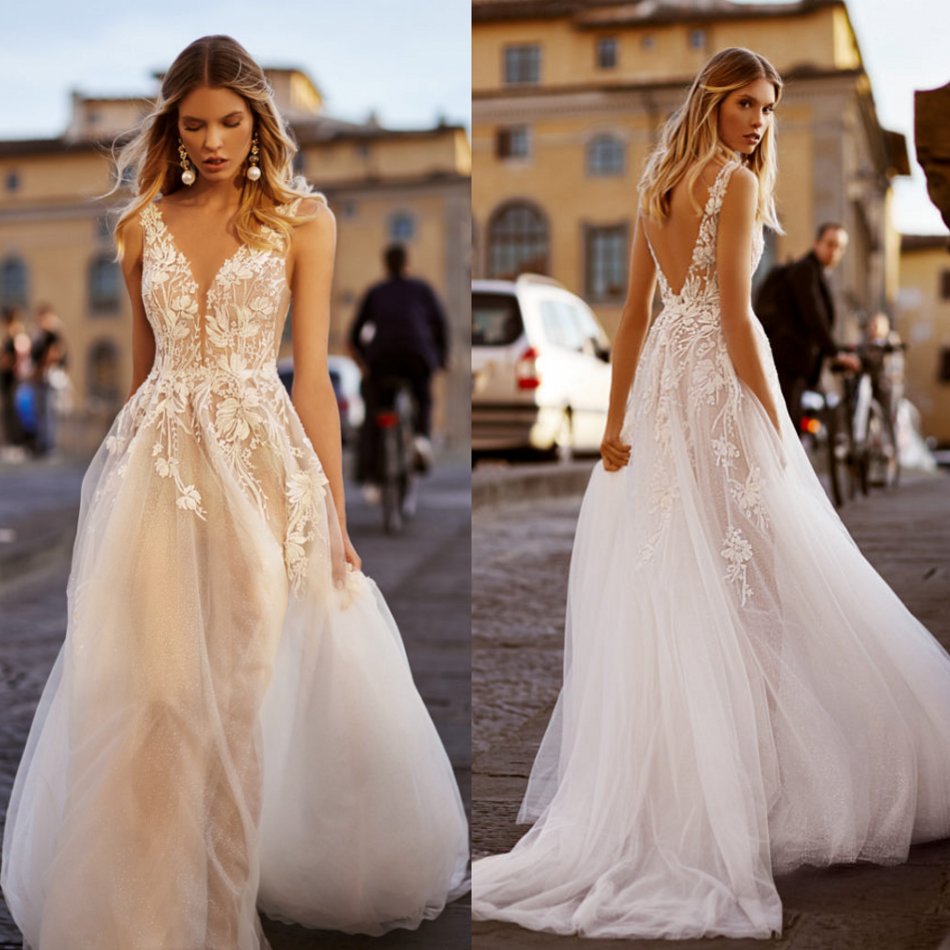 chic wedding dresses with cape lace appliqued beach boho v neck tulle illusion bridal gowns vestido de novia