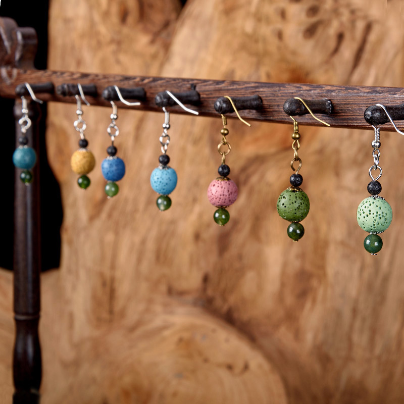 8 Colors Handmade Bohemian Earrings Natural Lava-rock Stone Vintage Ethnic Earrings Jewelry Dangle Earrings for Essential Oil Diffuser