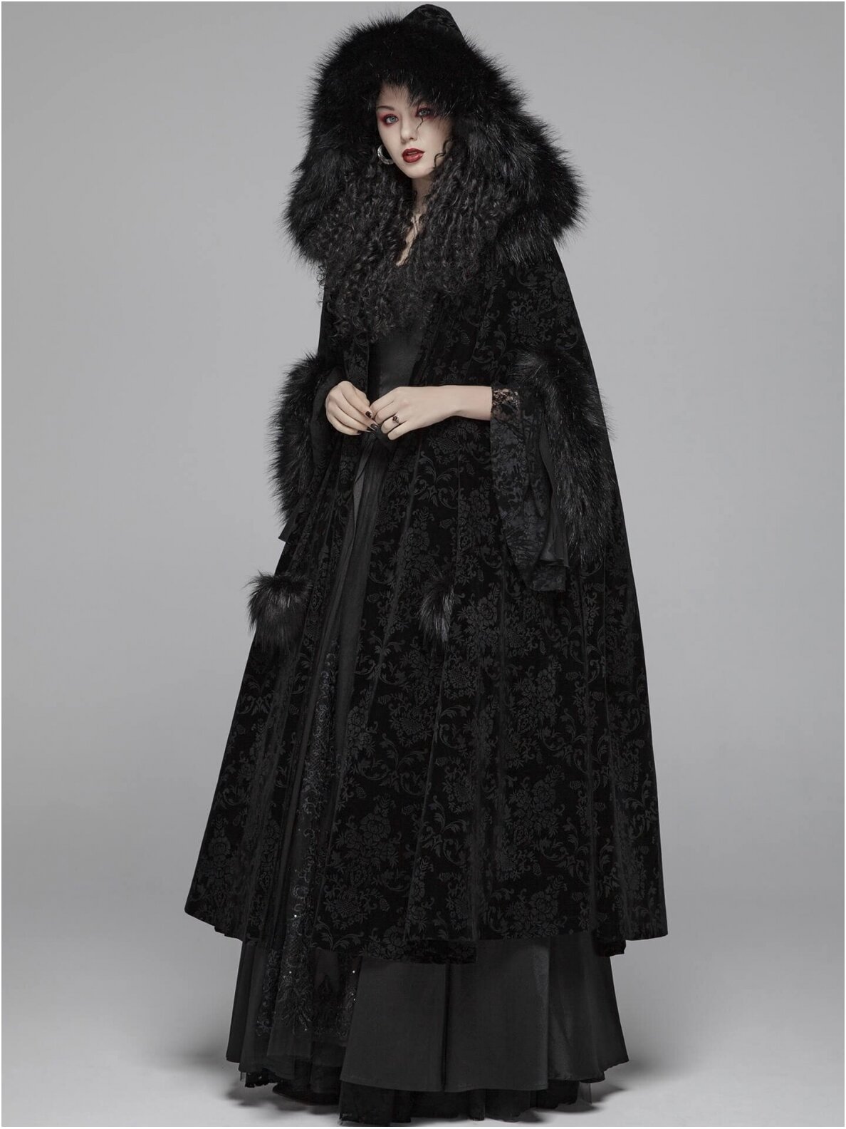 Black Fur Winter Cloak Cape Hooded with Print Trim Long Bridal Wraps & Jackets Special Party Banquet Gothic Wrap Wedding Bride Wear