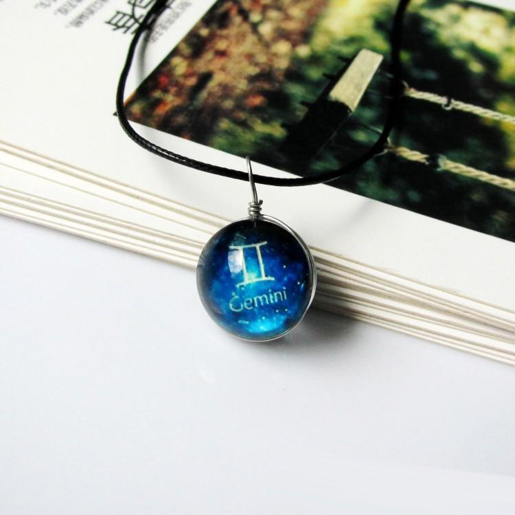 12 Zodiac Signs Luminous Necklace women Glow in the dark constellation Glass gemstone Pendant Black leather wax rope chains For Men Jewelry