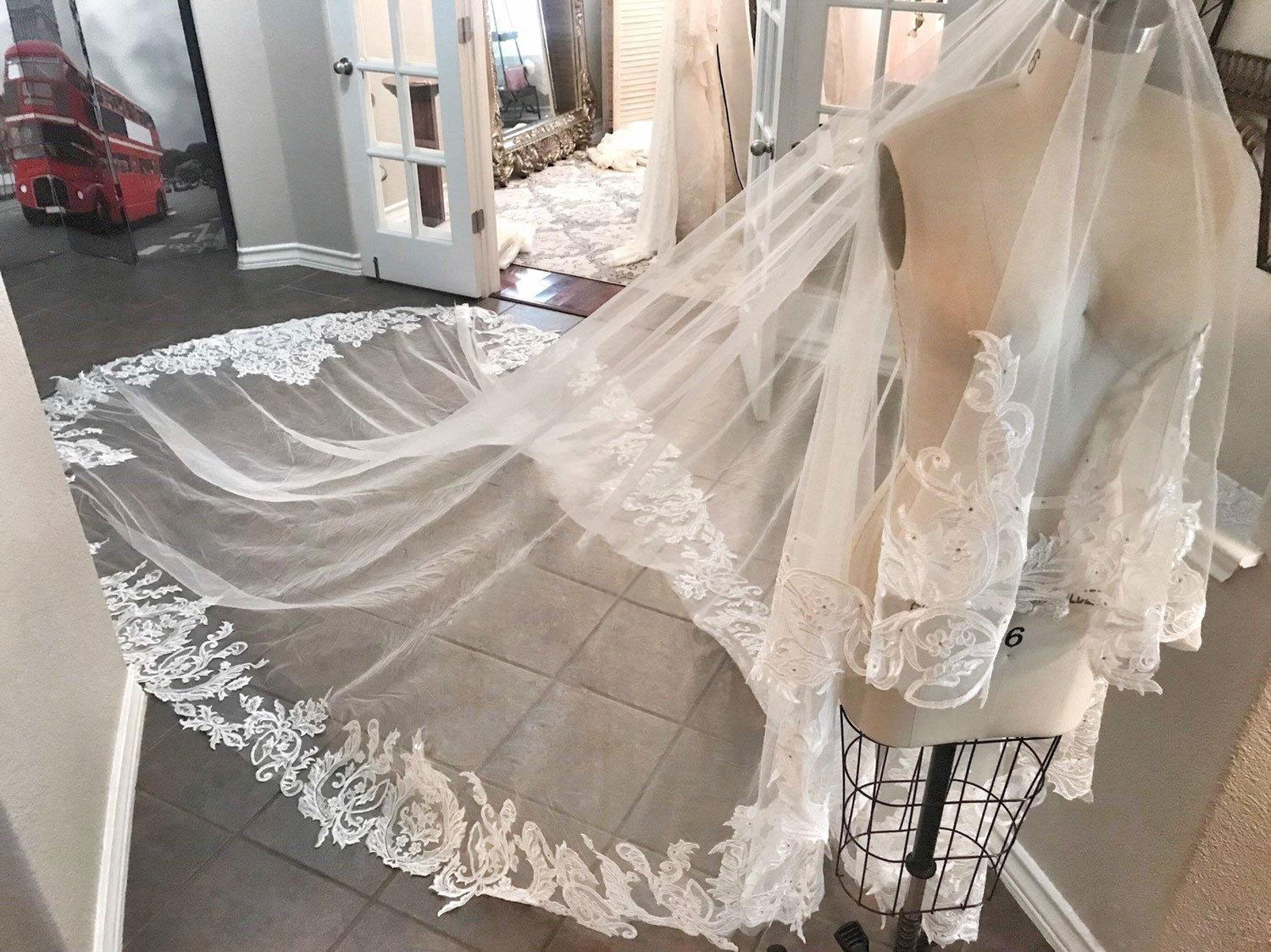 Hot Sale Lace Wedding Veils Appliqued Edge 3M Long Cathedral Length Bridal Veil With Comb For Women Hair Accessories