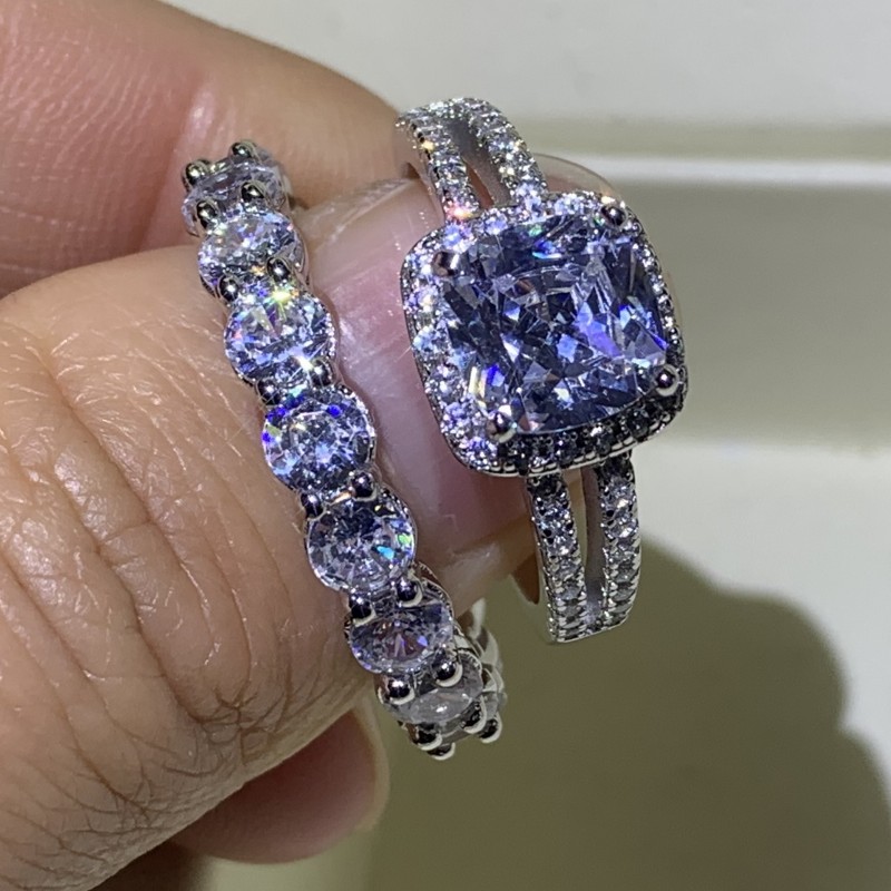 Sterg Sier Couple Rings: Dia Cut Wedding Ring Bridal Set
