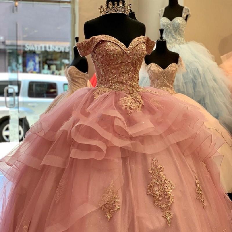 Puffy Embroidery Beaded Vestidos De Quinceanera Prom Ball Gowns Ruffles Off The Shoulder Tulle Party Graduation Dress Floor Length Long