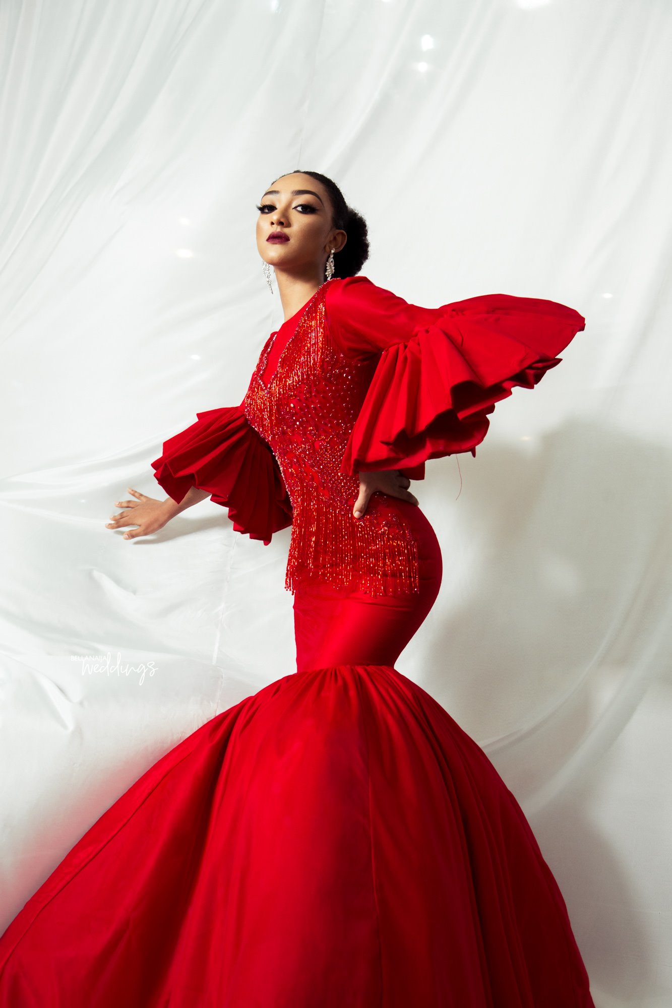 Elegant Mermaid Prom Dresses 2020 Puffy Sleeves Red Formal Evening Gowns Beaded Floor Length Pageant Party Dress Plus Size