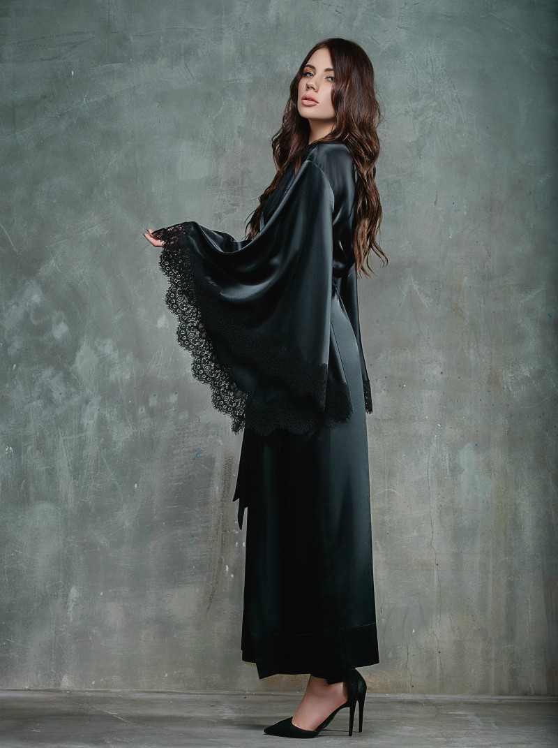 Black Women Night Robe Bathrobe Wedding Bride Bridesmaid Robes Silk Satin Lace Sleepwear Pyjamas Long Lingeries Bridal Party Shower Robe