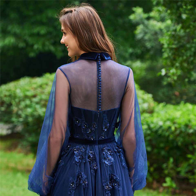 Elegant Blue Lace A Line Prom Dresses Custom Hollow Floor Length Evening Beads Long Sleeves Party Gowns Robe De Mariée