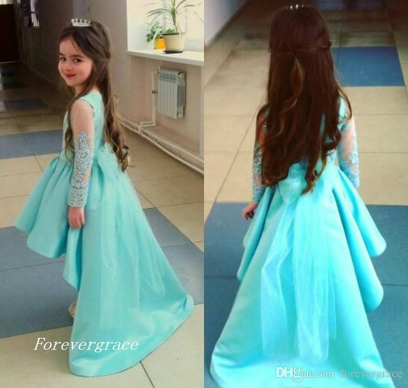 2019 Chic High Low Cute Princess Long Sleeves Girl's Pageant Dress Vintage Arabic Lace Party Flower Girl Pretty Dress For Little Kid