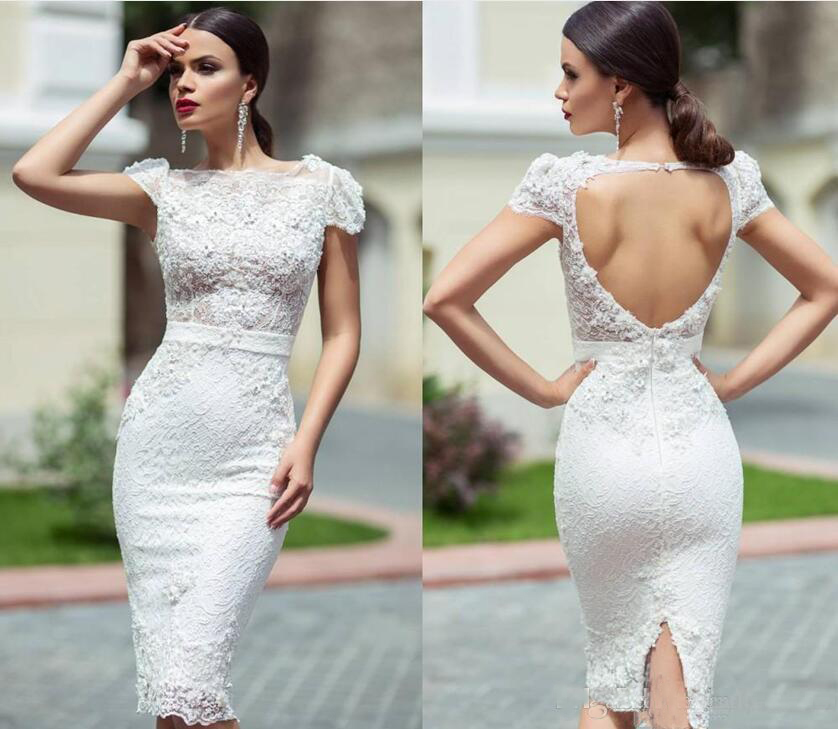 Modest Unique Lace wedding Reception Dresses With Knee Length Sheath Cap Sleeves Hollow Back Short Garden Wedding Dresses Bridal Gowns