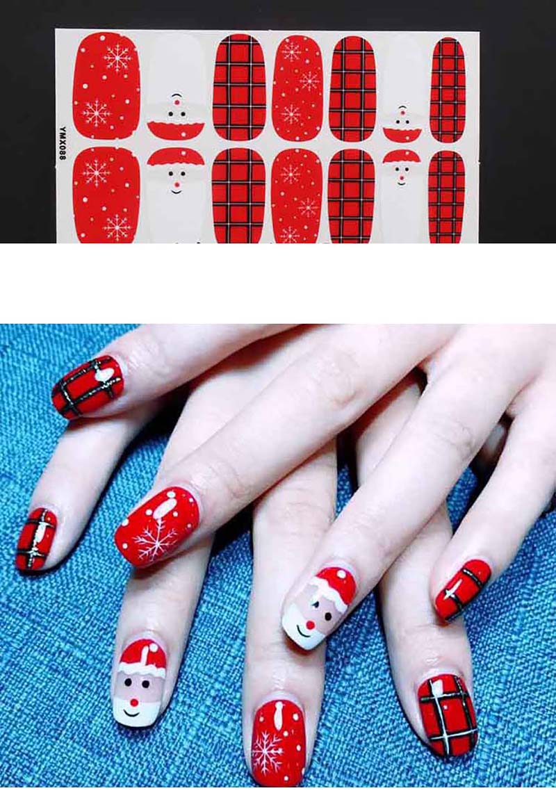 14pcs Cute Christmas Snowflake Santa Claus 3D DIY Fashion Style Plastic Art Short Fake False Sticker Red Nail Tips Glue Gel