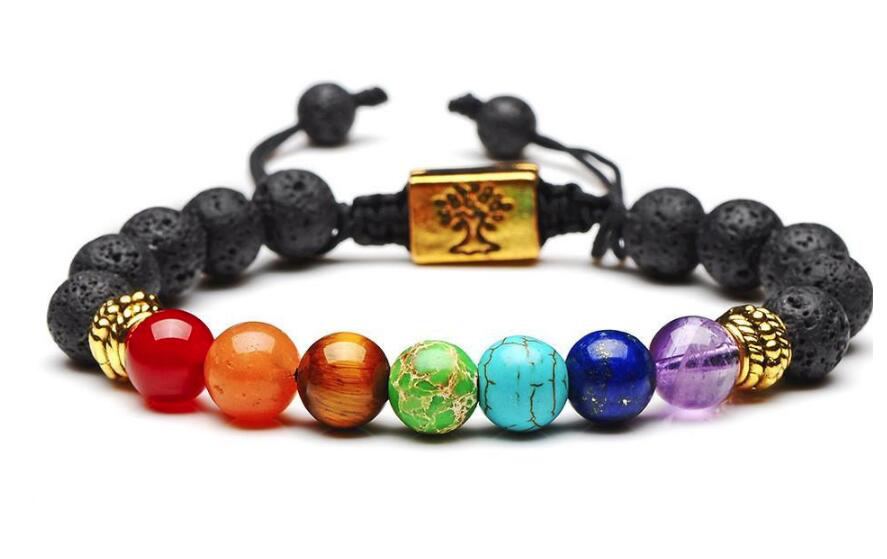 Yoga Handmade 7 Chakra Tree Of Life Charm Bracelets Lava Stones Multicolor Beads Rope Bracelet Women Men Bracelets Bangles