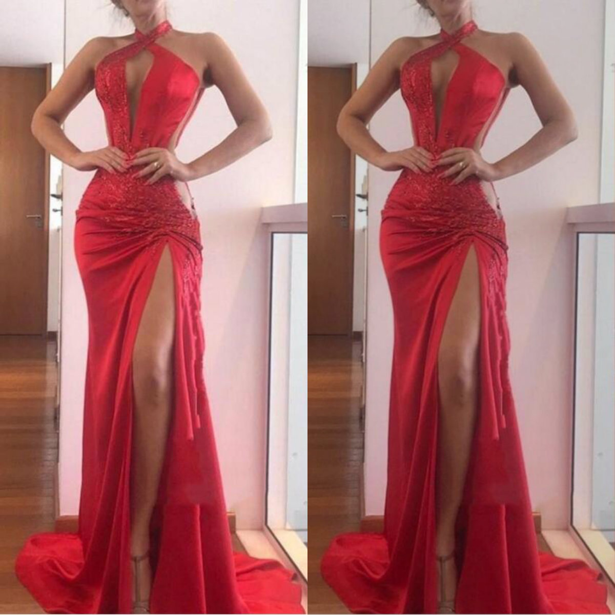 2019 Latest Prom Dresses Halter Neck Sexy High Side Split Sleeveless Satin Mermaid Evening Gowns Sweep Train Special Ocn Dress