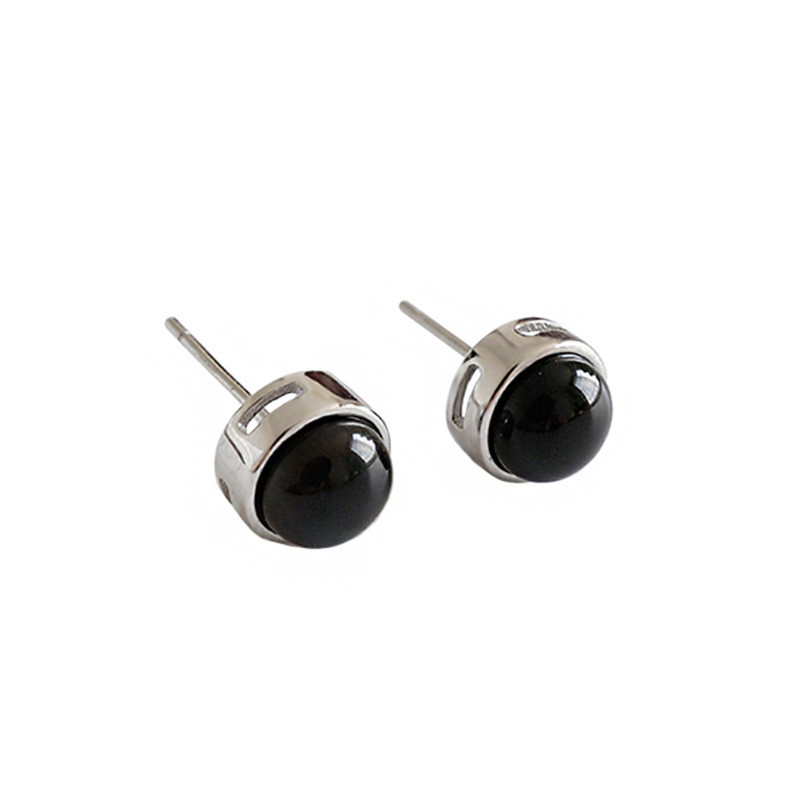925 Sterling Silver Round Black Agate Stud Earrings For Women New Fashion Simple Statement Geometric Earring