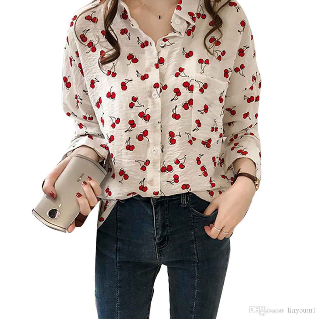 2020 Elegant Lapel Blouse Women Tops Sweet Cherry Print Shirts Long Sleeve Loose Spring Summer Ladies Office Shirt Plus Size