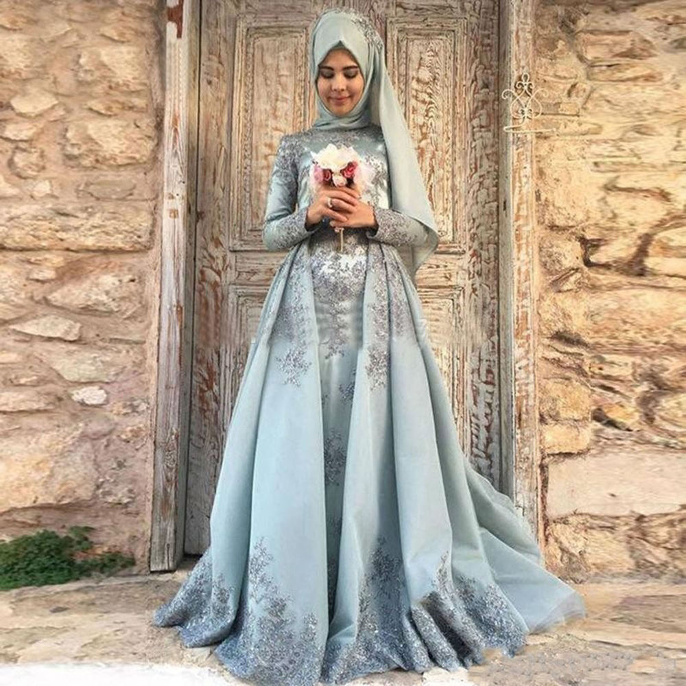 Muslim Arab Blue Prom Dresses Long Sleeves High Neck Silk Satin Middle East Formal Dresses Evening Wear Lace Turkish Reception Gowns 2019
