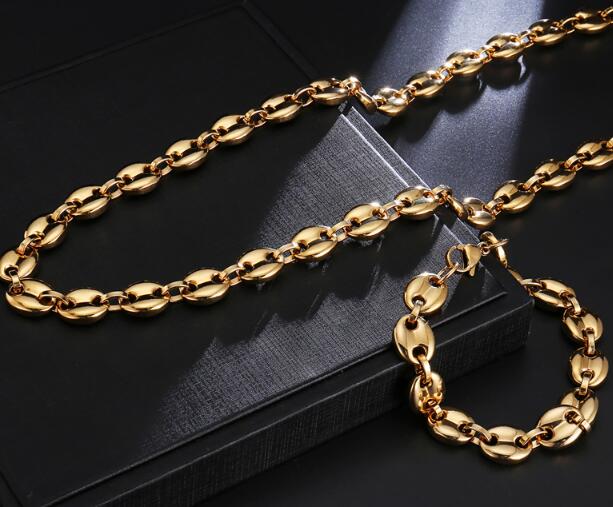 8-36'' HIP Hop Width 9MM Stainless Steel Gold Coffee Beans Link Chain Necklace Chain bracelet 316L Stainless For Men Women Fashion Jewelry
