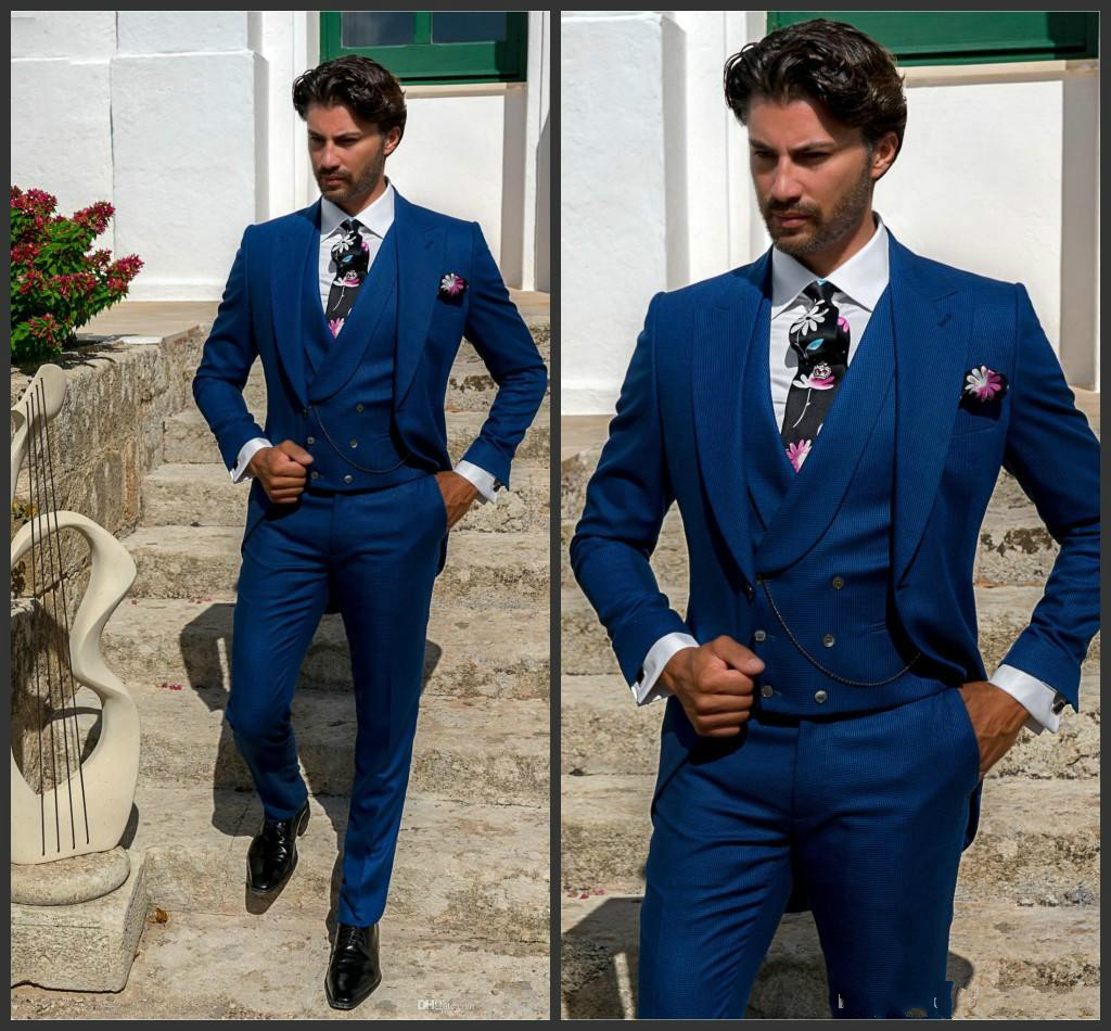 New Design Blue Groom Tuxedos Peaked Lapel Groomsmen Mens Suits Slim Fit Man Prom Party Jacket Blazer (Jacket+Vest+Pants)