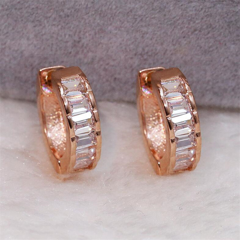 Sterg Sier&Rose Gold Fill Princess Cut White Topaz CZ Dia Gemstones Party Women Clip Earrings Gift