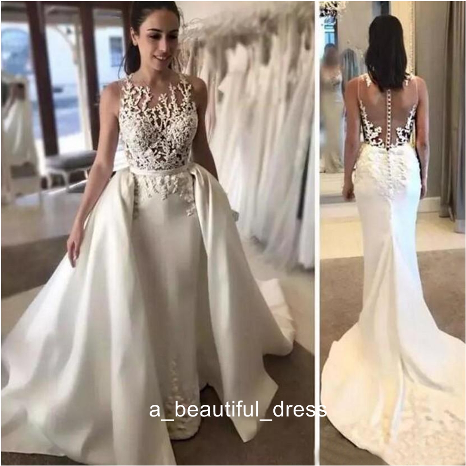 Mermaid Wedding Dresses With Applique Sheer Neckline Sleeveless Wedding Gowns With Detachable Train Sheer Back Bridal Gowns ED1187