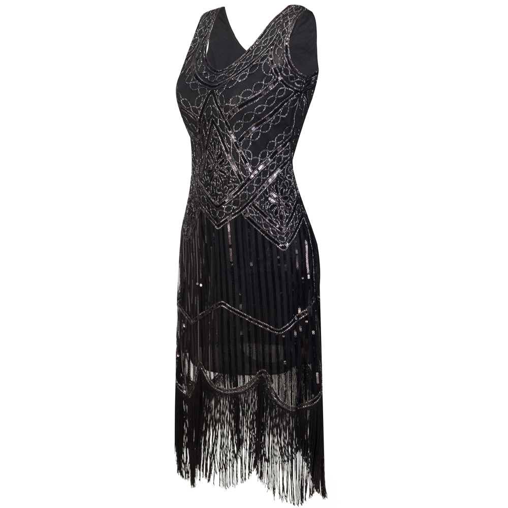 Women Party Robe Femme 1920s Great Gatsby Flapper Sequin Fringe Midi Vestido Summer Art Deco Retro Black Dress Q190417